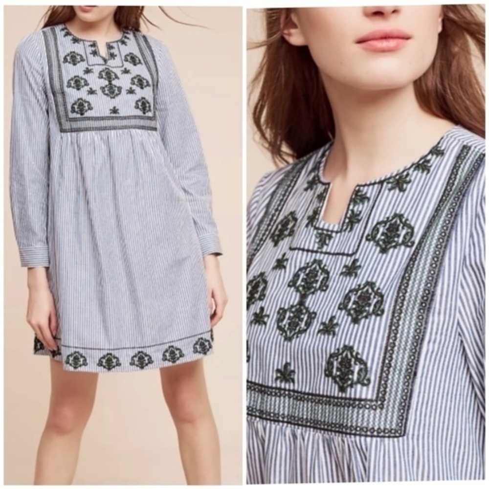 Anthropologie green Embroidered blue Striped Mini swing Dress